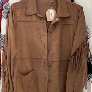 Fringe, suede-like material. Not as thick as suede. Lightweight.